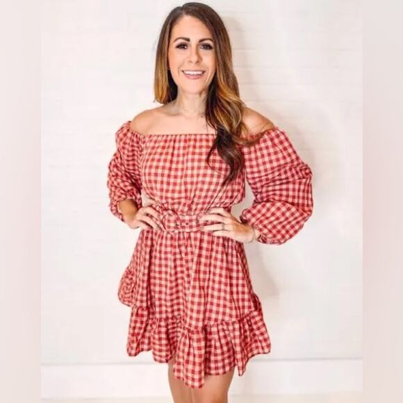MINKPINK Cora mini plaid dress in blush/rust puff sleeves - Picture 5 of 15